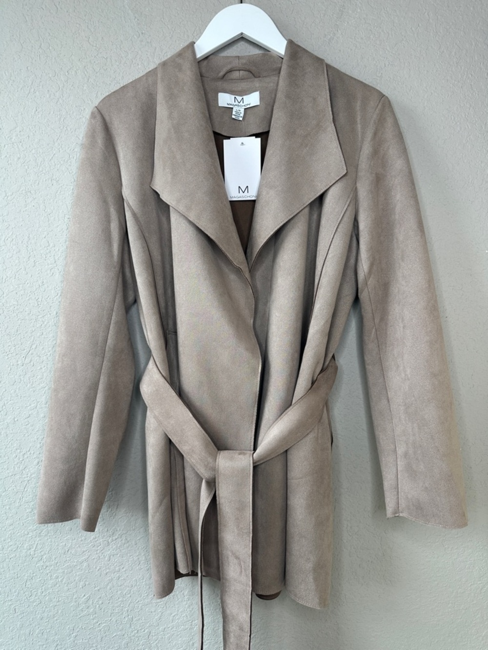 Magaschoni Women's Belted Faux Leather Suede‎ Hip Length Trench Coat Size Large